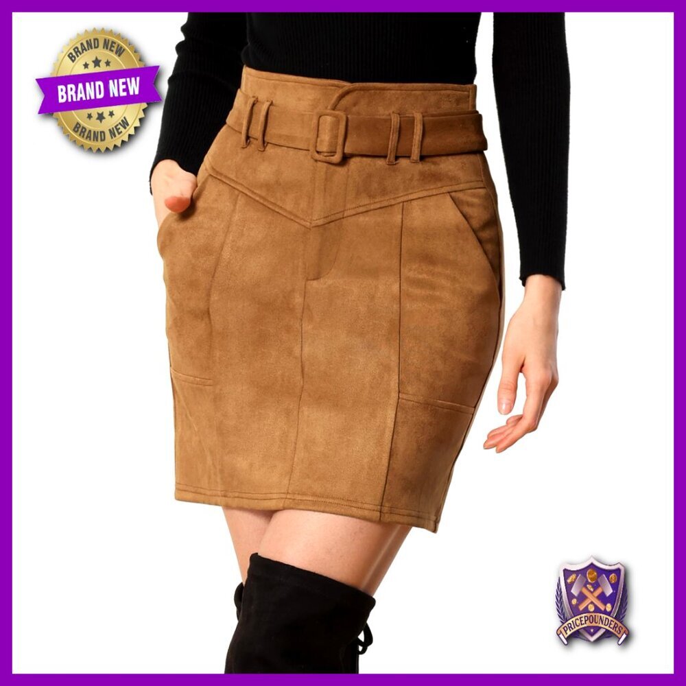 Faux Suede High Waist Pencil Skirt with Belt and Pockets